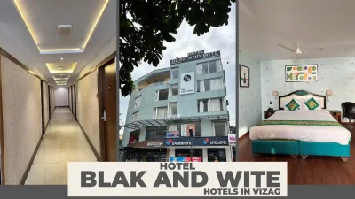 hotel black and white vizag opposite rk beach beside novotel showing luxury room and corridor view