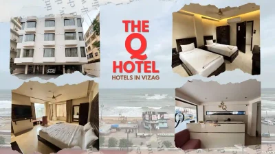 the q hotel near rk beach vizag showing hotel building, reception, room view and beach road